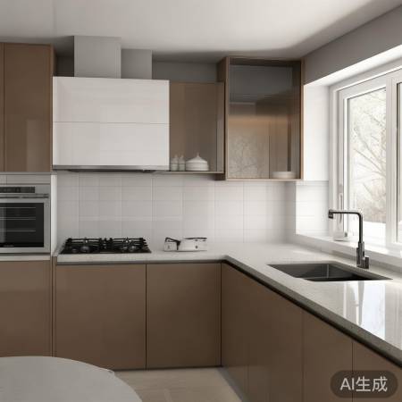 L型/一字型厨房，集成灶端放