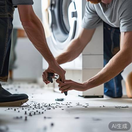 固定洗衣机,两人协作拧螺丝